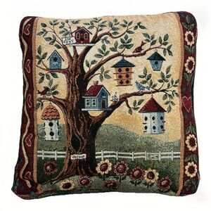 Vintage Tapestry Bird House Throw Accent Pillow 15.5” X 15.5” Double Sided Clean